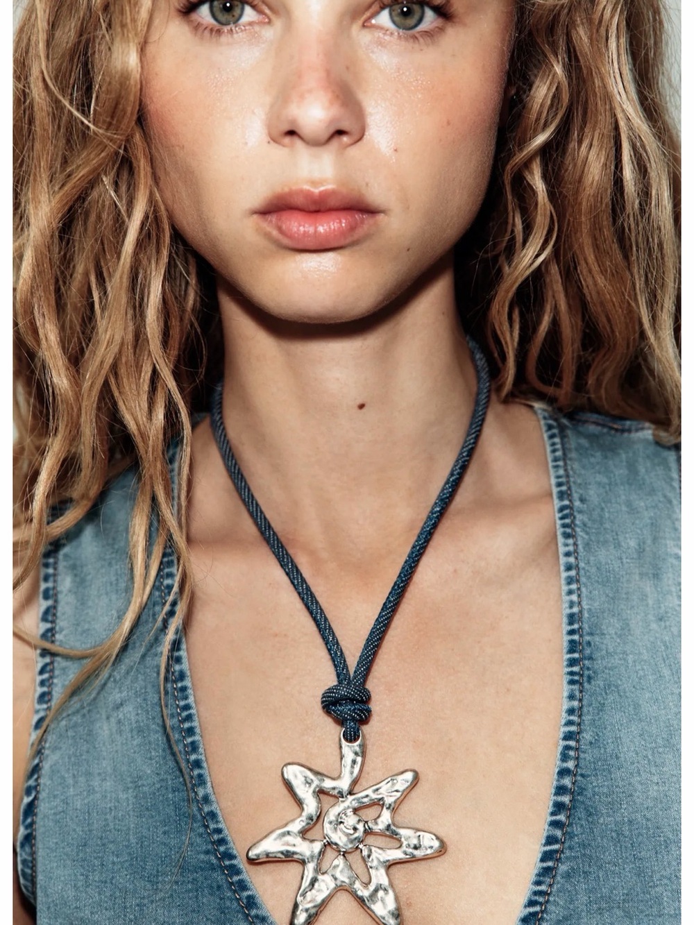 ZARA Denim Cord Necklace with Silver Starburst Pendant